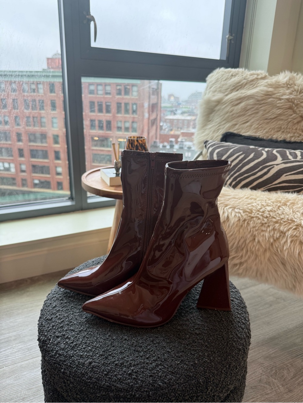 Steve Madden Slade Patent Pointed Toe Burgundy Ankle Boots - Women